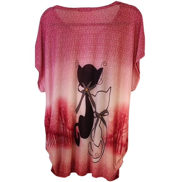 Womens Y2K Red Ombre Flowy Top with Rhinestone Cat Design One Size Whimsical Fun - Picture 2 of 6